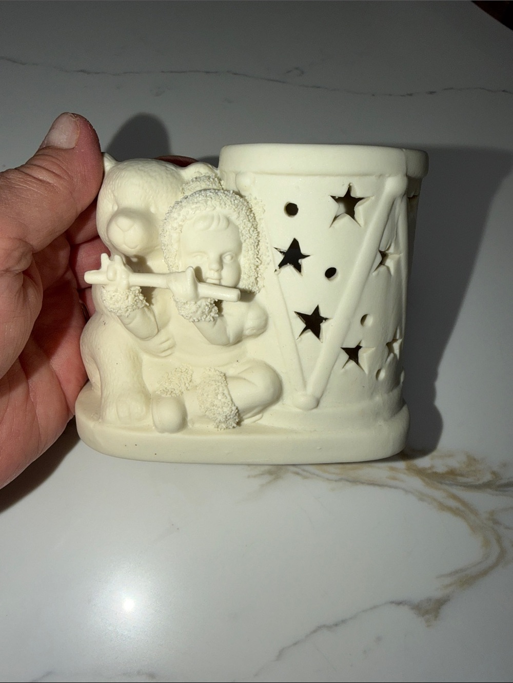 Ivory Ceramic Angel Musician Candle Holder snow bunny collection